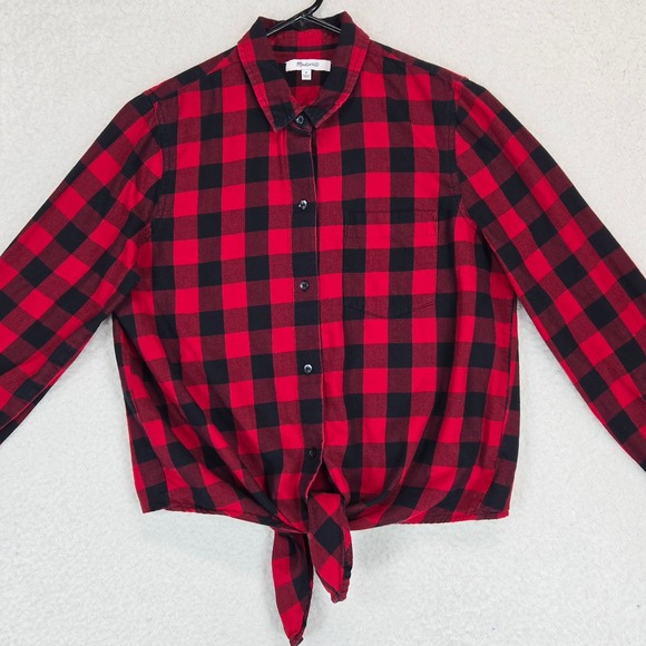 Madewell Tops - Madewell Buffalo Check Flannel Shirt Women M Red Black Plaid Tie Front Button Up